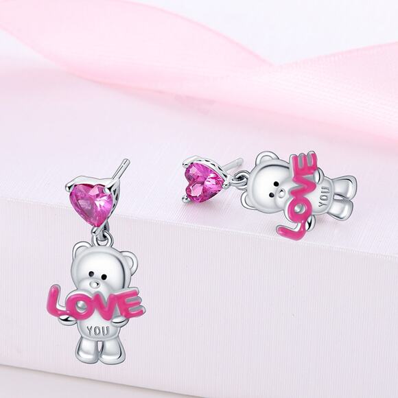 Sterling Silver Teddy Bear Heart Pink Zircon Drop Earrings - S925 - Picture 4 of 5